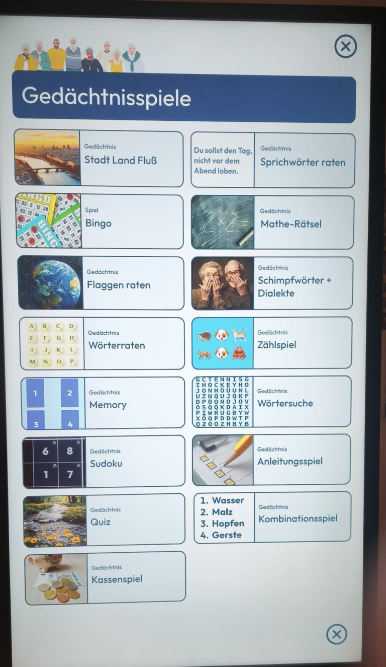 Gedächtnis- und Denkspiele Übersicht: Stadt Land Fluss, Bingo, Flaggen raten, Memory, Sudoku und mehr Übersicht verschiedener Gedächtnis- und Denkspiele wie Stadt Land Fluss, Bingo, Flaggen raten, Memory, Sudoku und weitere auf einem Bildschirm