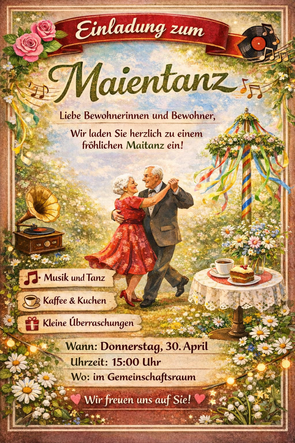 Einladung zum Maitanz mit tanzendem Seniorenpaar, Maibaum, Grammophon und Kaffeetisch im Frühlingsgarten