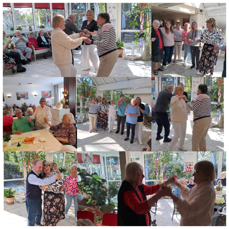 Collage von fröhlichen Senioren beim Tanzen, Singen und Feiern im Gemeinschaftsraum eines Seniorenheims am 1. Mai 2026