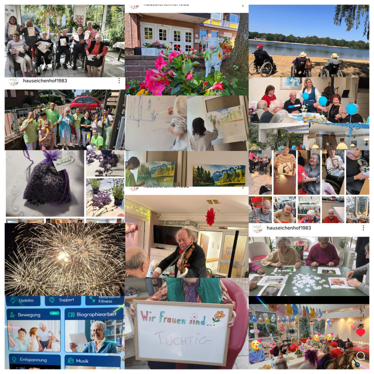 Haus Eichenhof – Impressionen aus dem Alltag, Aktivitäten und Veranstaltungen Collage von Aktivitäten und Alltag im Haus Eichenhof, darunter Gruppenfotos, kreative Beschäftigungen, Feste und gemeinsames Beisammensein.