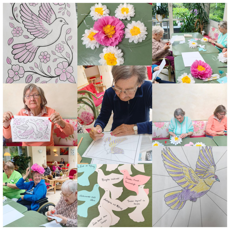 Senioren-Bastelgruppe gestaltet Tauben-Motive und Papierblumen – kreative Gruppenaktivität Collage aus Senioren-Bastelaktivitäten mit Tauben-Motiven und Papierblumen in einer Gruppenrunde