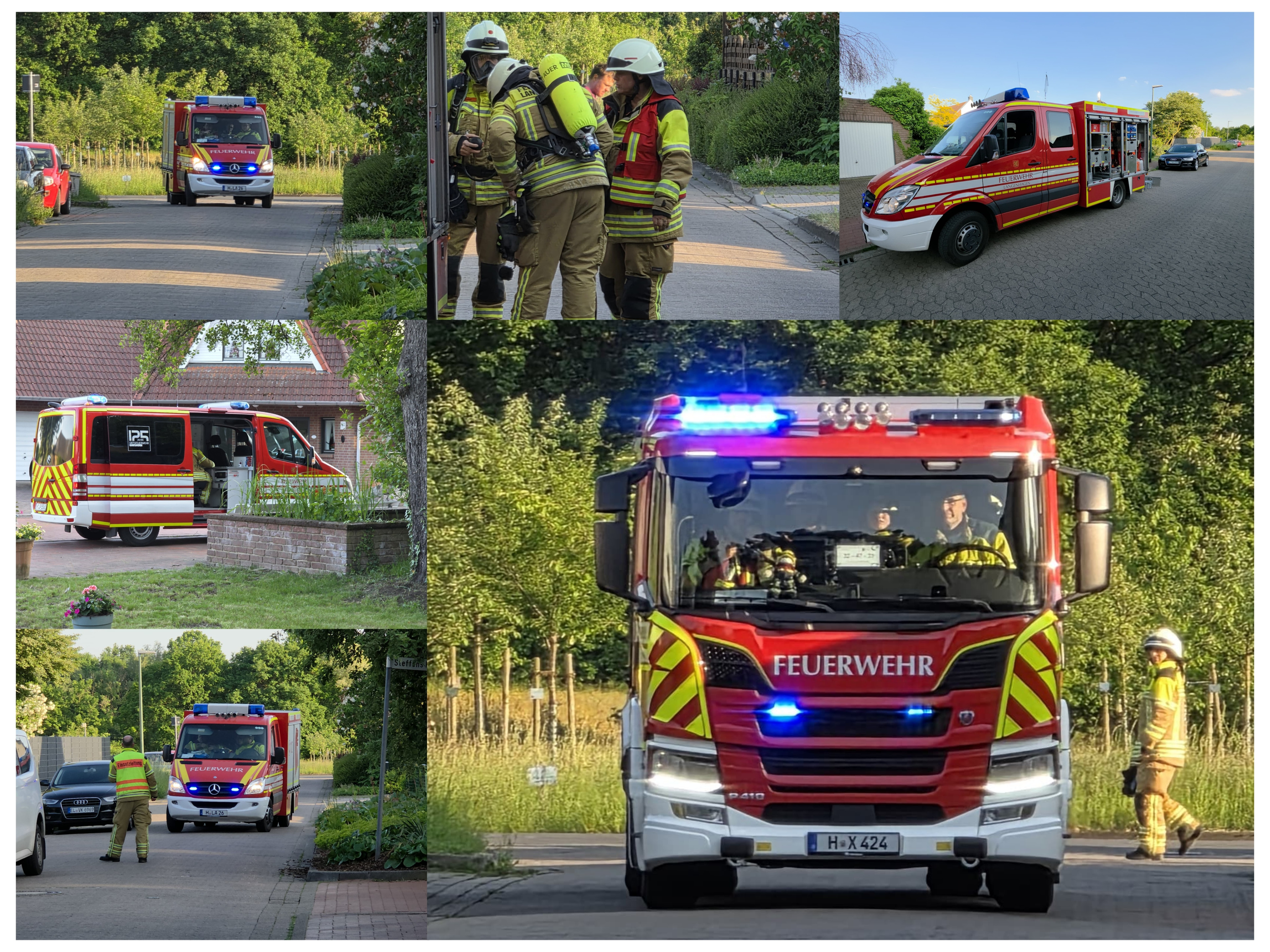 Feuerwehrfahrzeuge und Einsatzkräfte im Einsatz in einer Wohngegend