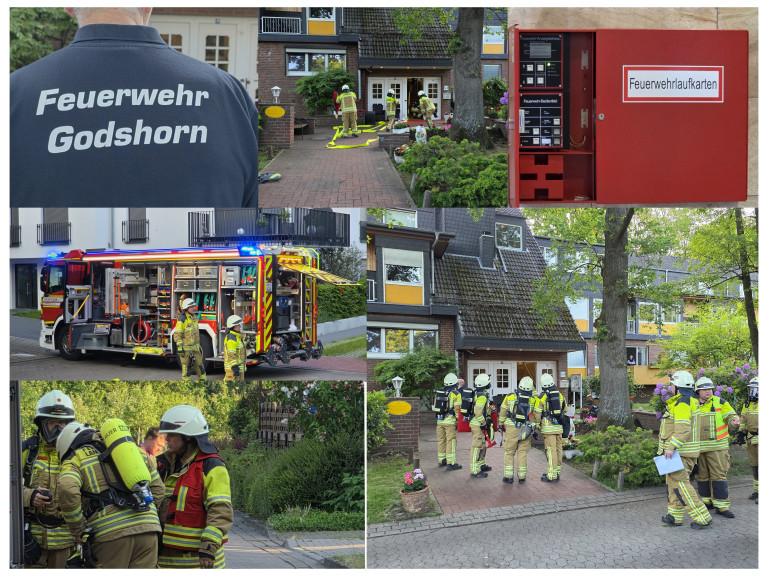 Feuerwehr Badshorn im Einsatz vor Wohnhaus mit Einsatzfahrzeug und Ausrüstung Einsatz der Feuerwehr Badshorn bei einem Wohnhaus mit mehreren Feuerwehrleuten und Einsatzfahrzeug