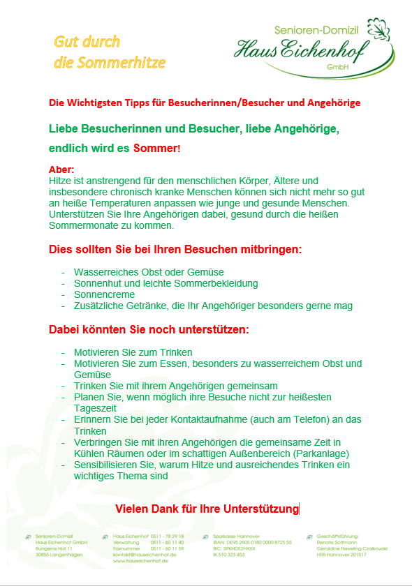Wichtige Tipps für Besucher und Angehörige bei Sommerhitze – Empfehlungen für Besuche und Unterstützung Screenshot mit Tipps für Besucherinnen, Besucher und Angehörige zum Umgang mit Sommerhitze und Hitzeperioden, inklusive Empfehlungen für Besuche und Unterstützungsmaßnahmen.