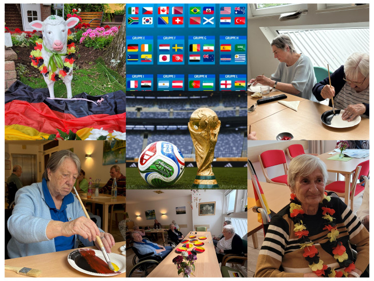 Senioren feiern und basteln zur Fußball-Weltmeisterschaft mit Dekoration und Pokal Collage von Senioren beim gemeinsamen Basteln und Feiern zur Fußball-Weltmeisterschaft, mit Deko, Flaggen und Pokal