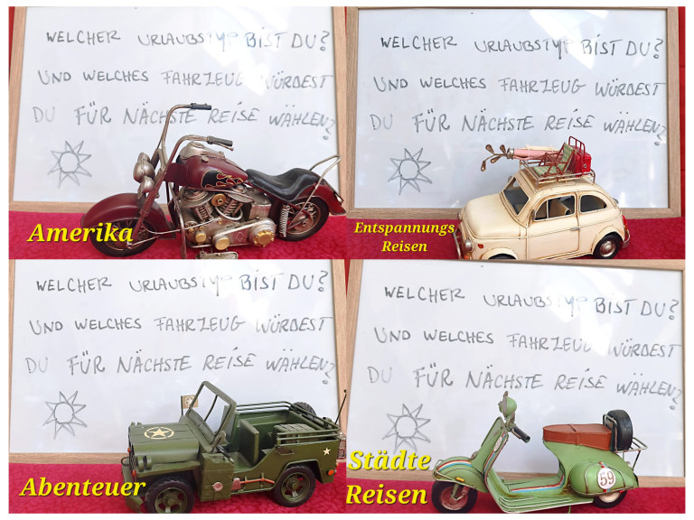 Welcher Urlaubstyp bist du? Wähle dein Fahrzeug für die nächste Reise – Collage mit Modellmotorrad, Jeep, Fiat und Vespa Collage mit verschiedenen Modellfahrzeugen und der Frage 'Welcher Urlaubstyp bist du? Welches Fahrzeug würdest du für deine nächste Reise wählen?'