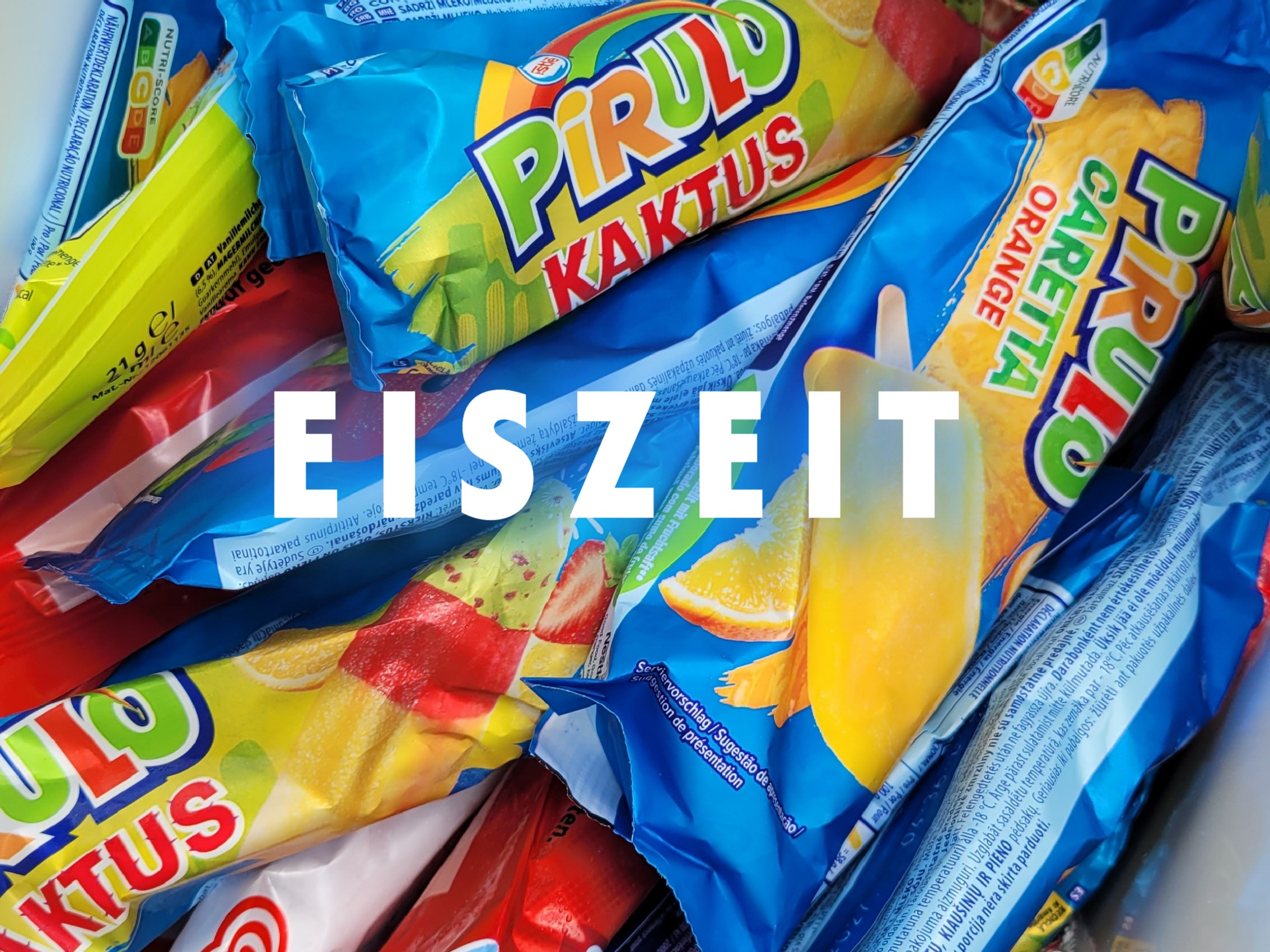Verschiedene bunte Eis am Stiel Sorten, darunter Pirulo Kaktus und Caretta Orange, mit dem Schriftzug 'EISZEIT'
