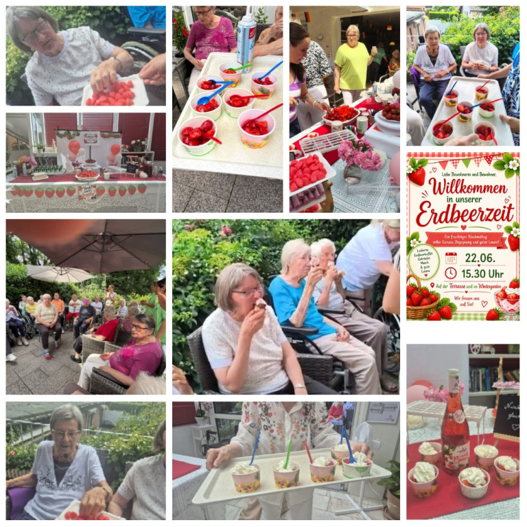 Erdbeerzeit-Feier mit Senioren – Erdbeeren, Eis und sommerliche Stimmung Collage einer Erdbeerzeit-Feier mit Senioren, Erdbeeren, Eis und festlicher Dekoration