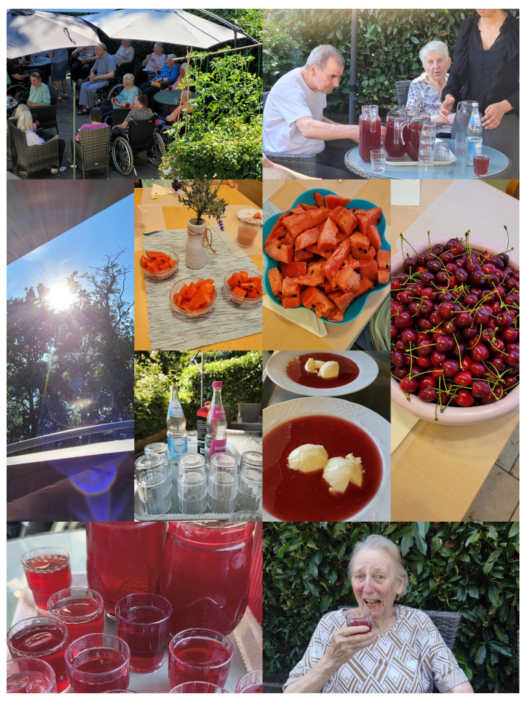 Sommerfest im Seniorenheim mit frischem Obst, Getränken und glücklichen Bewohnern