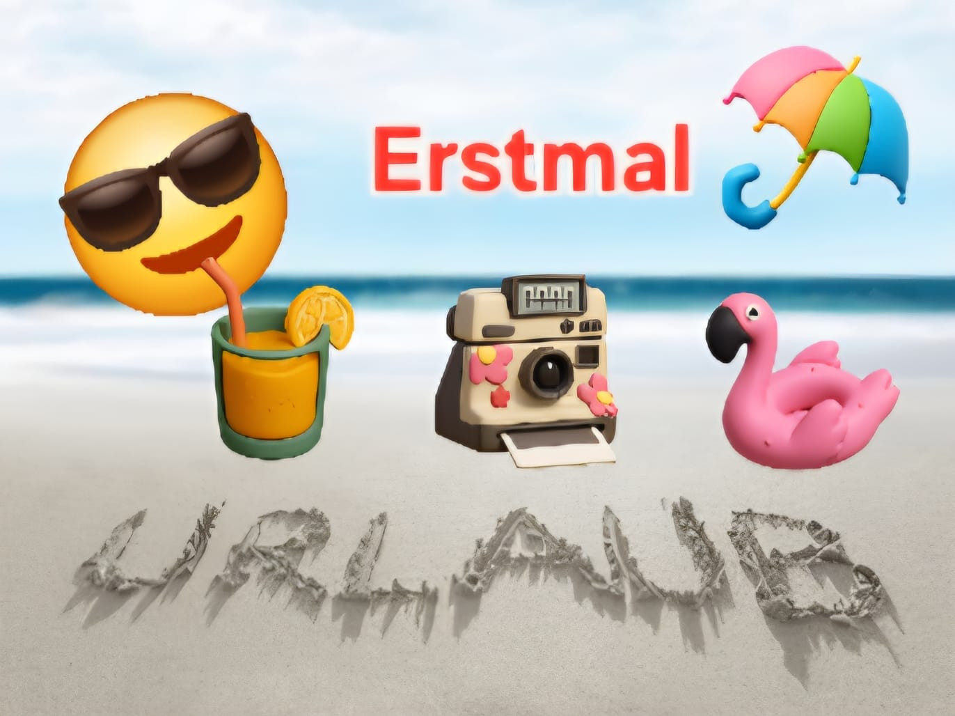 Sommerurlaub am Strand mit Emoji, Cocktail, Kamera, Flamingo und dem Schriftzug 'Erstmal Urlaub' im Sand