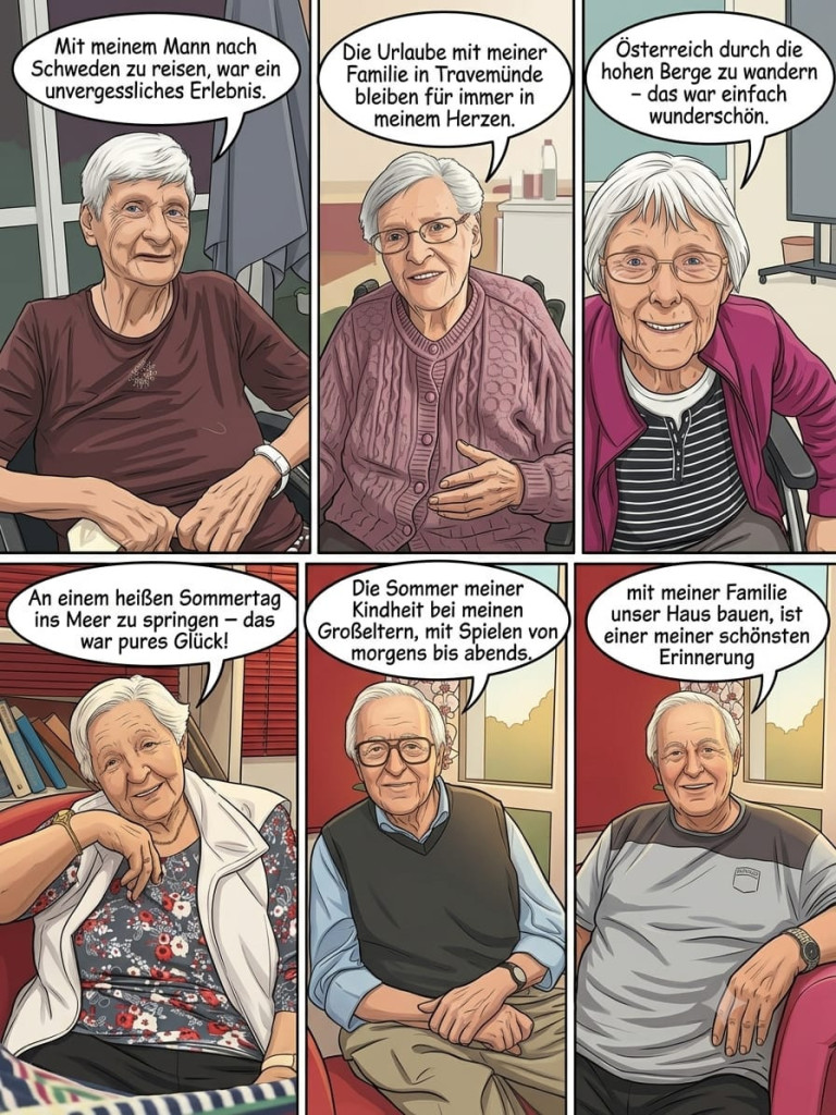 Glückliche Erinnerungen älterer Menschen – Kindheit, Familie und besondere Momente Sechs ältere Menschen teilen glückliche Erinnerungen aus ihrer Kindheit und Familie in einer illustrierten Collage.