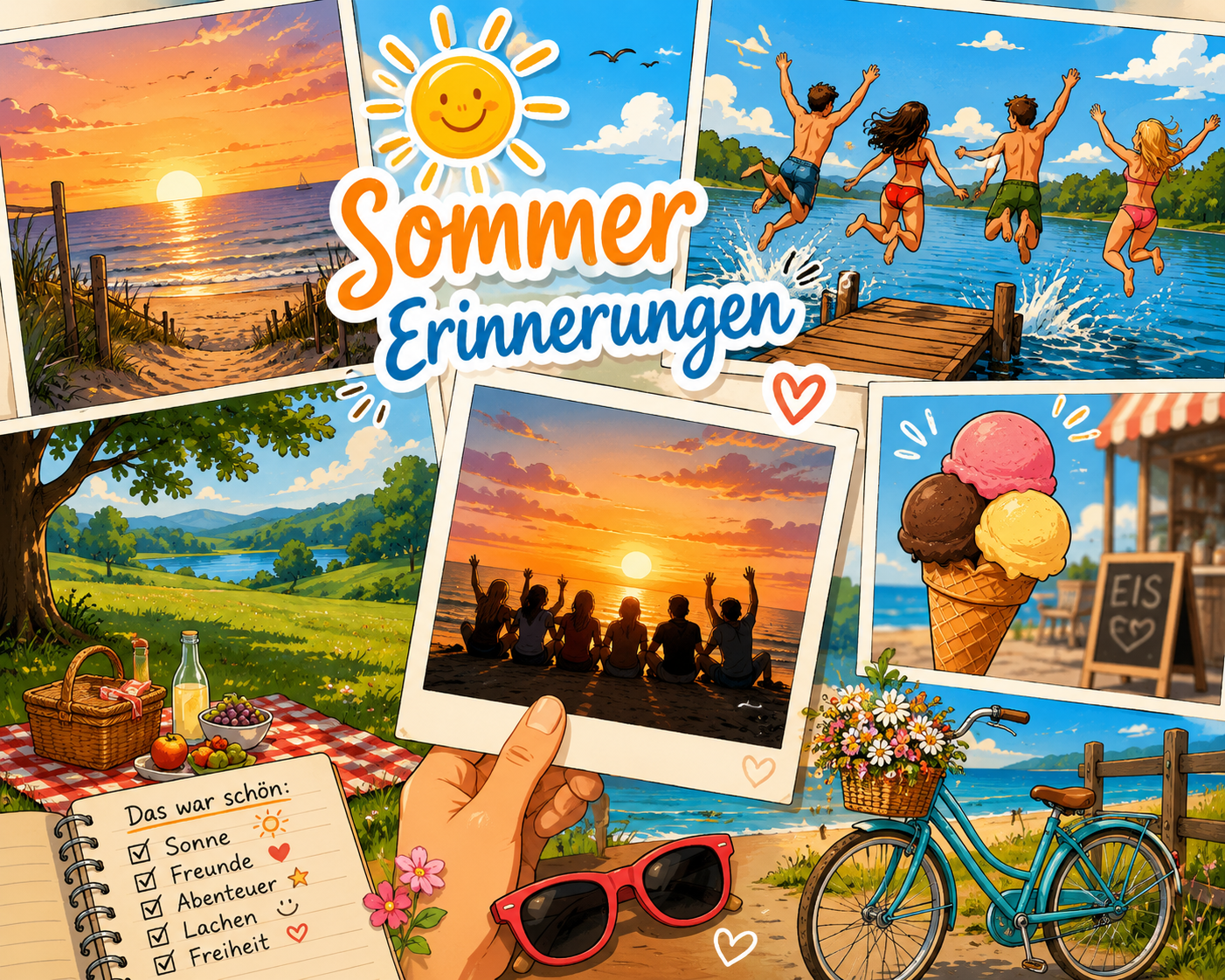 Collage mit Sommererinnerungen, Sonnenuntergang am Strand, Freunde, Eiscreme, Picknick und Fahrrad am See, illustriert mit dem Text 'Sommer Erinnerungen'.