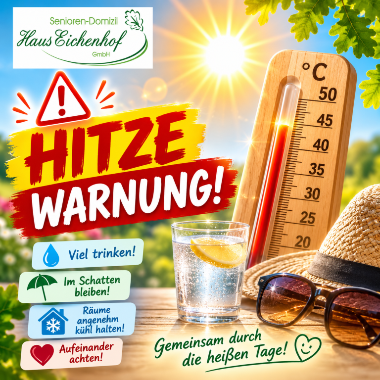 Hitze-Warnung und Hitzeschutz-Tipps vom Senioren-Domizil Haus Eichenhof am 30. Juli 2026 Hitze-Warnung vom Senioren-Domizil Haus Eichenhof mit Tipps für heiße Tage, Thermometer, Sonnenhut und Erfrischungsgetränk