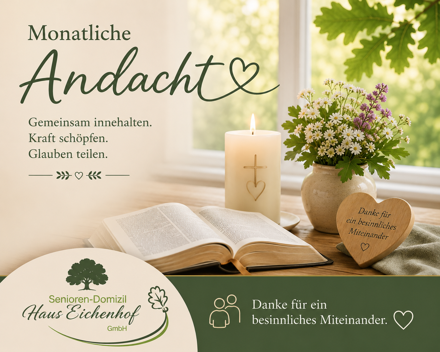 Monatliche Andacht im Senioren-Domizil Haus Eichenhof mit Kerze, Bibel und Blumen auf dem Tisch