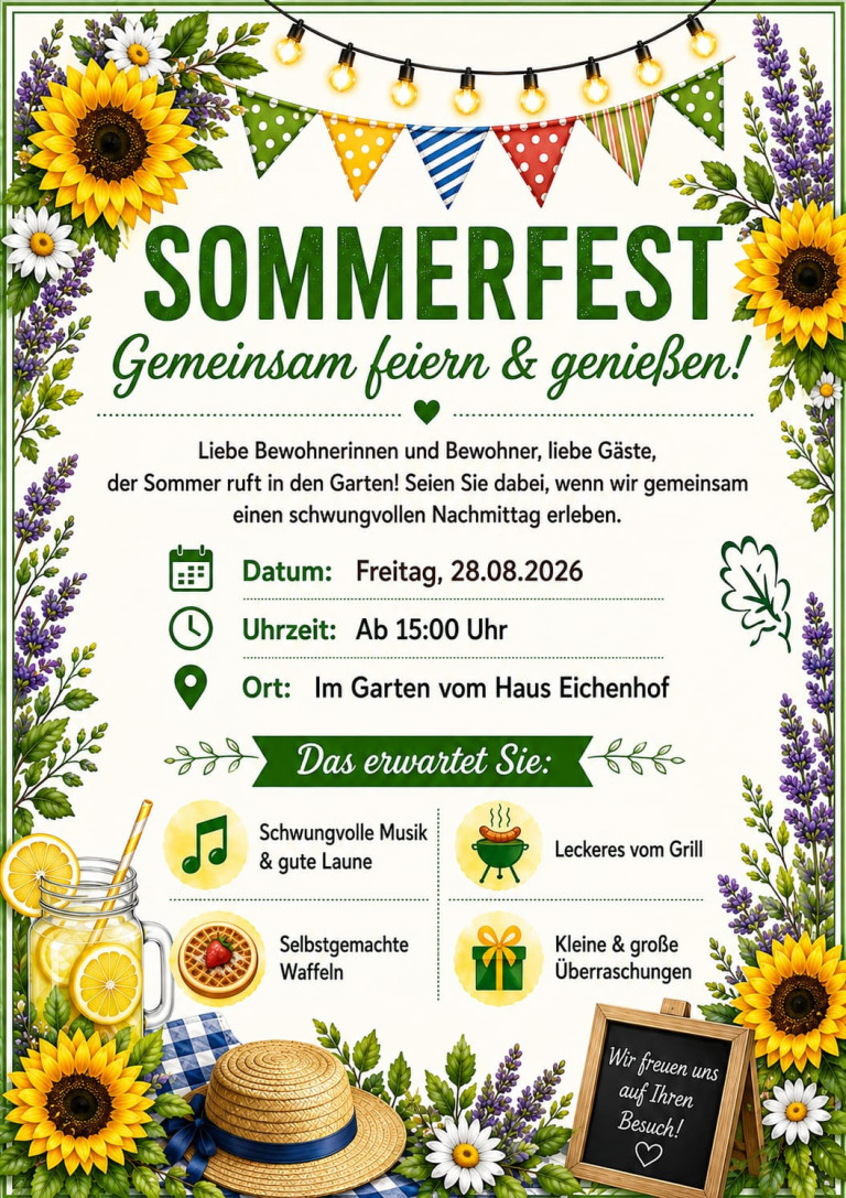 Sommerfest 2026 im Haus Eichenhof – Einladung und Programm Einladung Sommerfest 2026 im Garten vom Haus Eichenhof mit Musik, Grill, Waffeln und Überraschungen