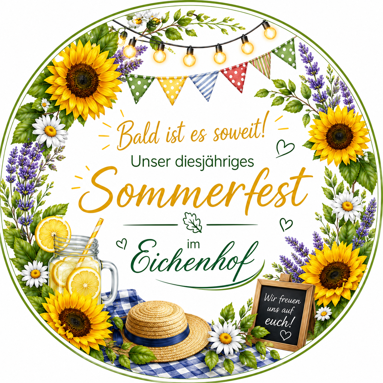 Logo Sommerfest im Eichenhof mit Sonnenblumen, Lavendel, Strohhut und Limonade