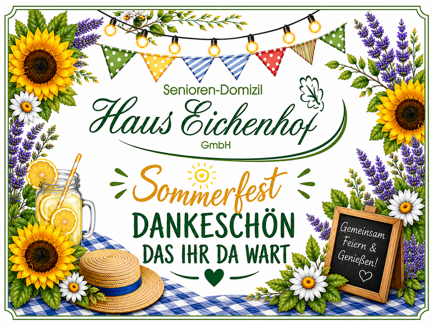 Dankeschön-Grafik zum Sommerfest im Senioren-Domizil Haus Eichenhof mit Dekoration, Sonnenblumen und Schriftzug