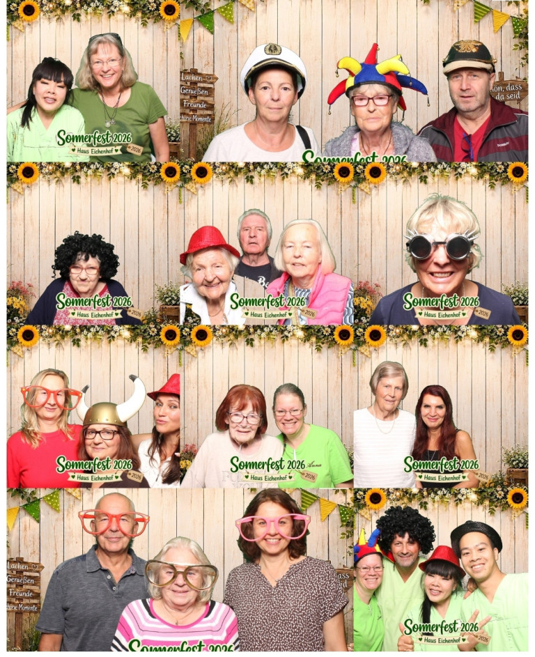 Sommerfest 2026 im Haus Eichenhof – Fotocollage mit Gästen und Verkleidungen Fotocollage vom Sommerfest 2026 im Haus Eichenhof mit fröhlichen Menschen und Verkleidungen vor rustikalem Hintergrund