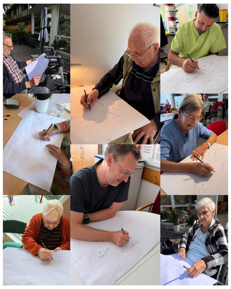 Gemeinsames Zeichnen von Friedenstauben durch Senioren und Erwachsene in einer Betreuungseinrichtung Senioren und Erwachsene zeichnen gemeinsam Friedenstauben auf Papier in einer betreuten Einrichtung