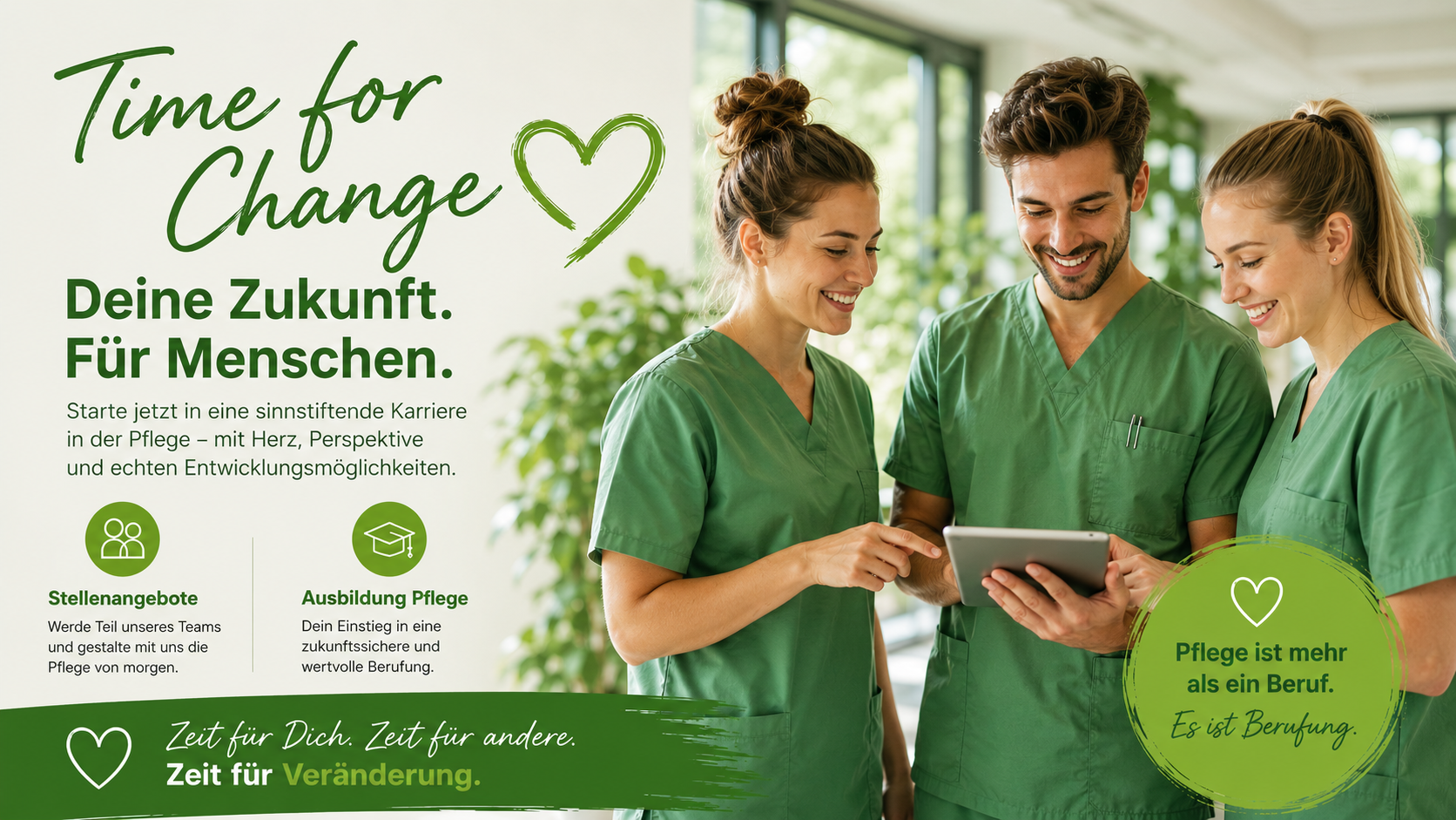 Pflegekräfte im Gespräch mit Tablet – Zeit für Veränderung und berufliche Zukunft in der Pflege