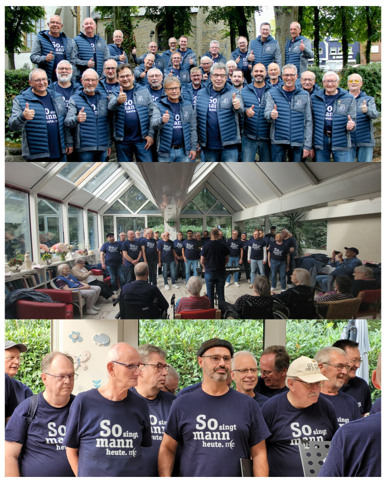 Männerchor bei einem Auftritt in einem Seniorenheim, Gruppenfoto und Gesangsszene, alle tragen T-Shirts mit dem Aufdruck 'So singt man(n)'