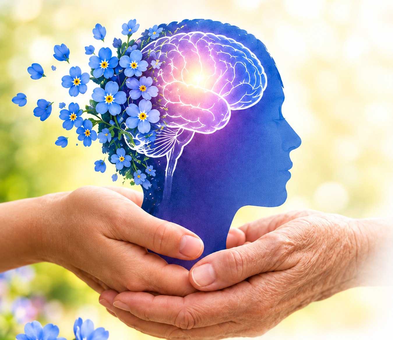 Symbolisches Bild eines menschlichen Kopfes mit Gehirn und Vergissmeinnicht-Blumen, gehalten von zwei Händen, Konzept Demenz und Alzheimer
