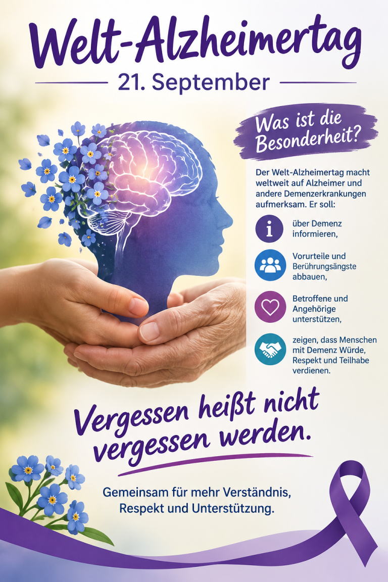 Welt-Alzheimertag Infografik mit Symbolbild eines Gehirns, Händen und Vergissmeinnicht-Blumen, Text zu Demenz-Aufklärung und 