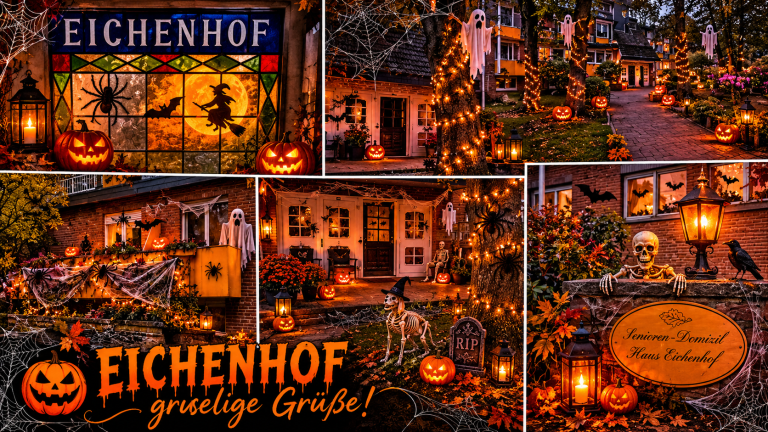 Halloween Dekoration am Hohenhof mit Kürbissen, Geistern und Lichtern vor dem Haus