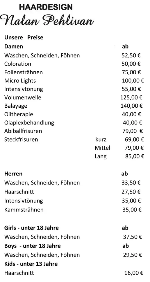 Preisliste Friseurleistungen Mai 2026 für Damen und Herren, inklusive Balayage, Olaplex, Haarschnitt und Steckfrisuren