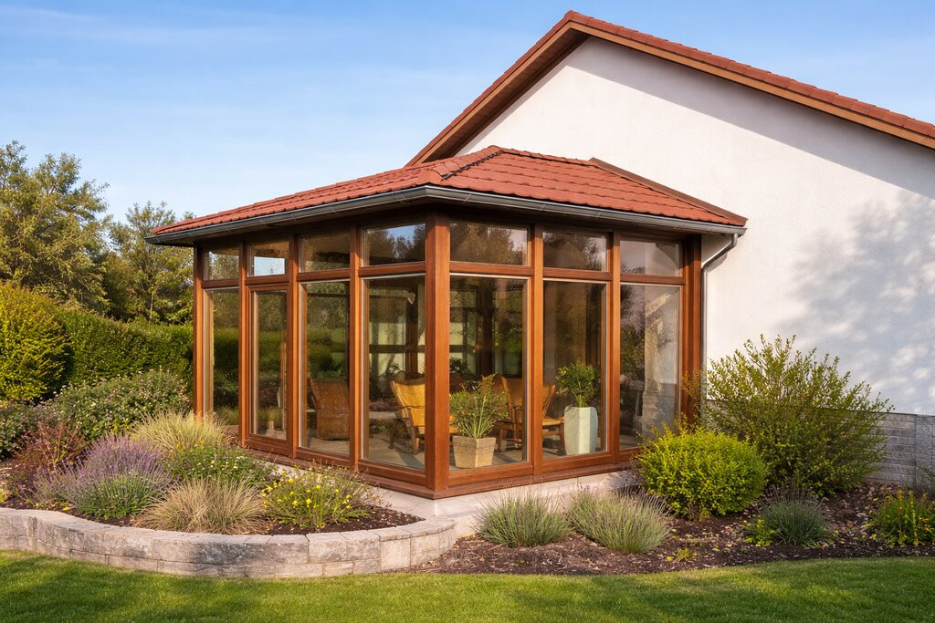 Axmann Holzwintergarten an Einfamilienhaus mit moderner Holz-Glas-Konstruktion im Garten