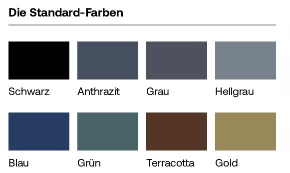 Farbauswahl für PV-Schiebeladen: Anthrazit, Grau, Grün, Terracotta und weitere Standardfarben