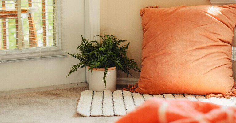 Großes orangefarbenes Kissen auf dem Boden neben einem grünen Farn in einem weißen Blumentopf