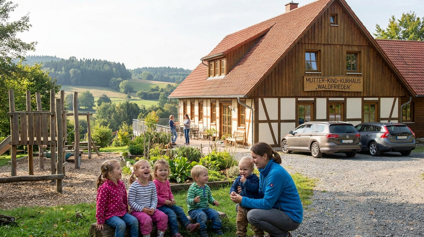 Kinderbetreuung während der Mutter-Kind-Kur: Kinder spielen und lachen vor einer Mutter-Kind-Kur-Einrichtung auf dem Land