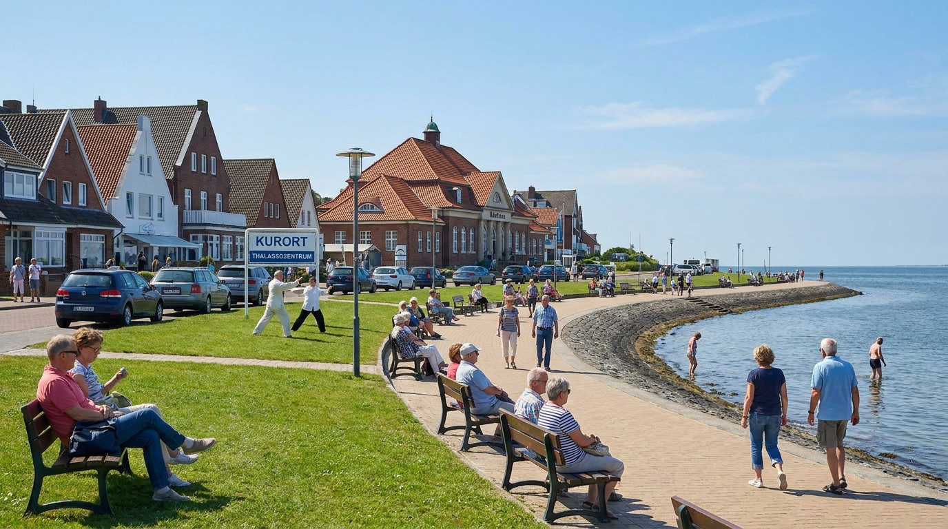 Kurort am Meer mit besonderem Reizklima, Menschen spazieren und entspannen an der Promenade, gesundheitsfördernde Vorteile sichtbar