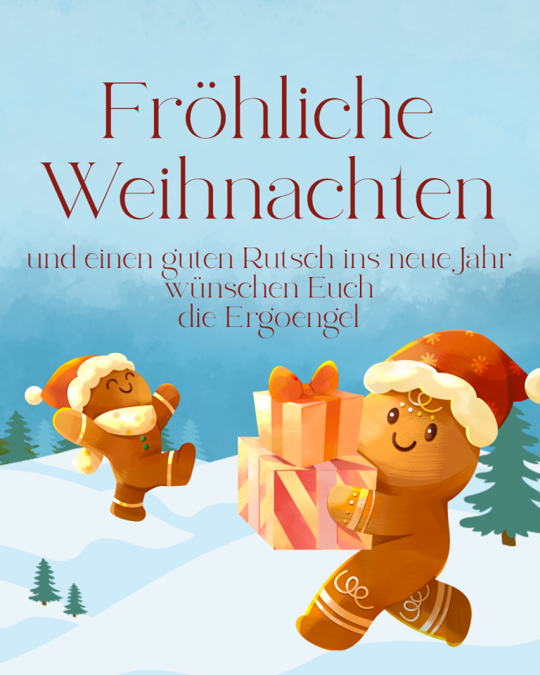 Fröhliche Weihnachten und einen guten Rutsch ins neue Jahr wünschen die Ergoengel – Weihnachtskarte mit Lebkuchenfiguren und Geschenken im Winterwald