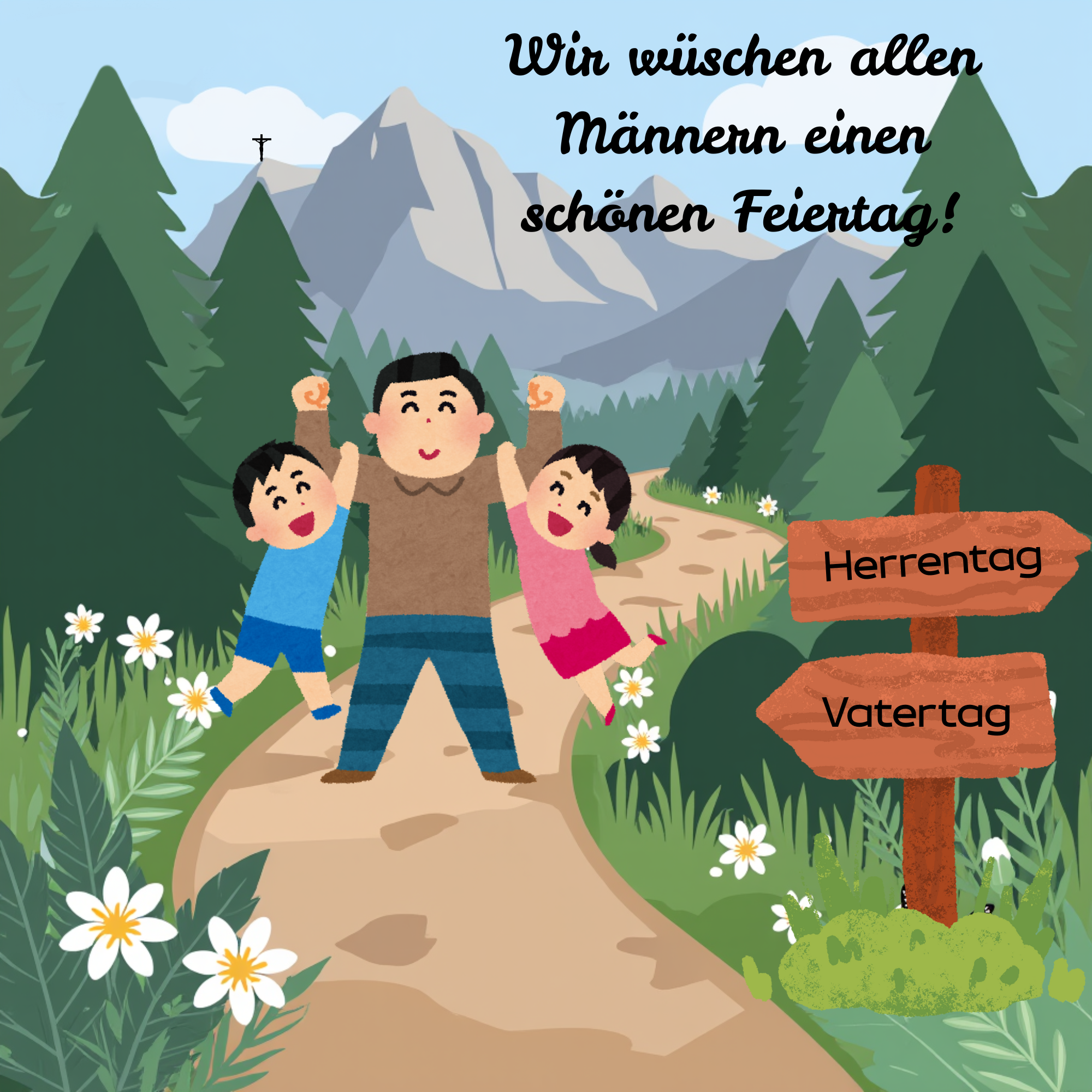 Illustration einer Familie beim Wandern zum Herrentag oder Vatertag mit Wegweisern im Wald und Bergen im Hintergrund