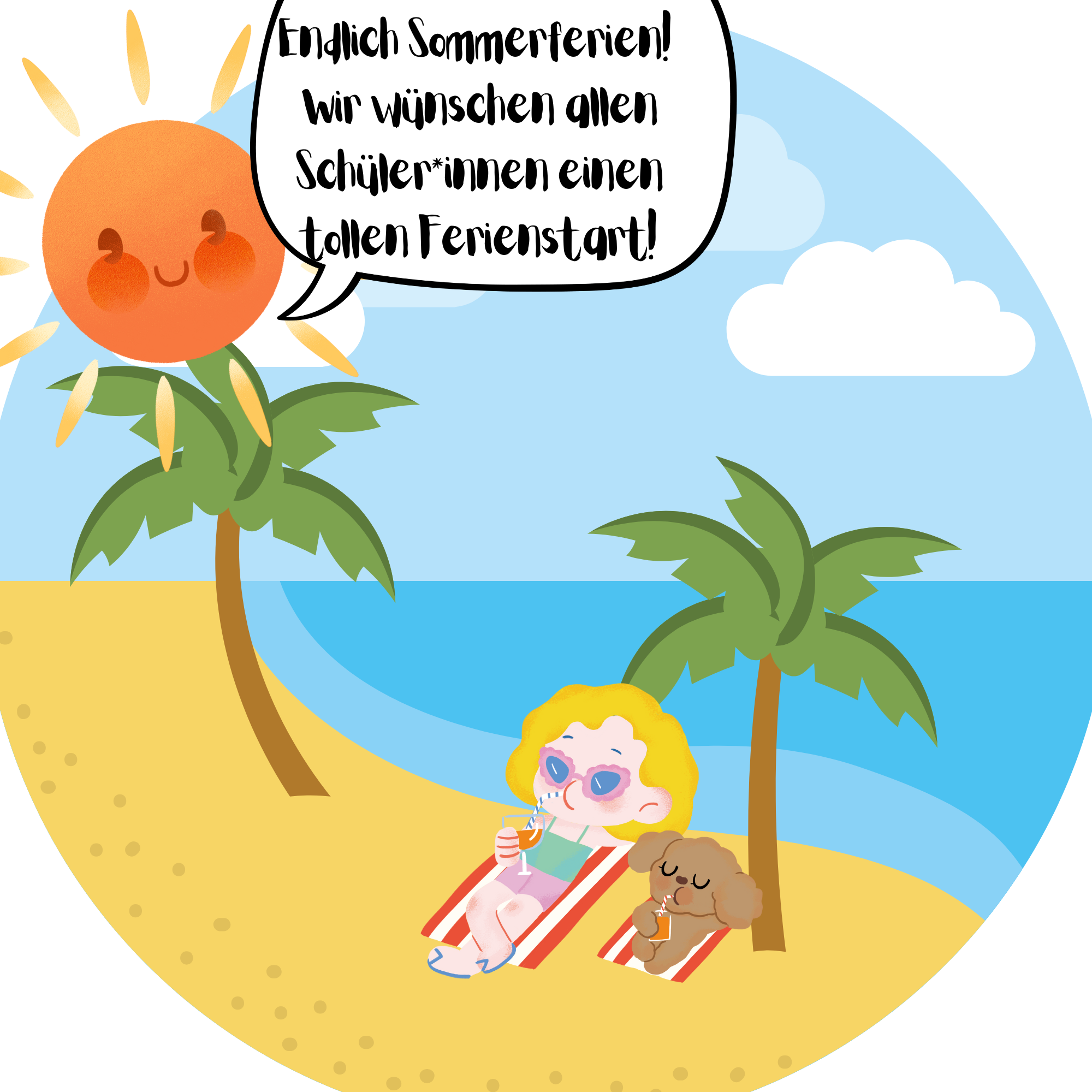 Illustration Sommerferien: Kind und Hund entspannen am Strand unter Palmen mit Sonne und Feriengruß