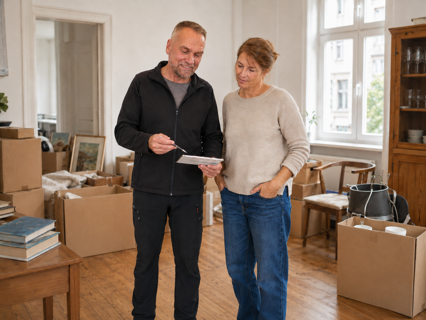Zwei Personen planen eine Haushaltsauflösung in einer Wohnung mit Umzugskartons und Möbeln.