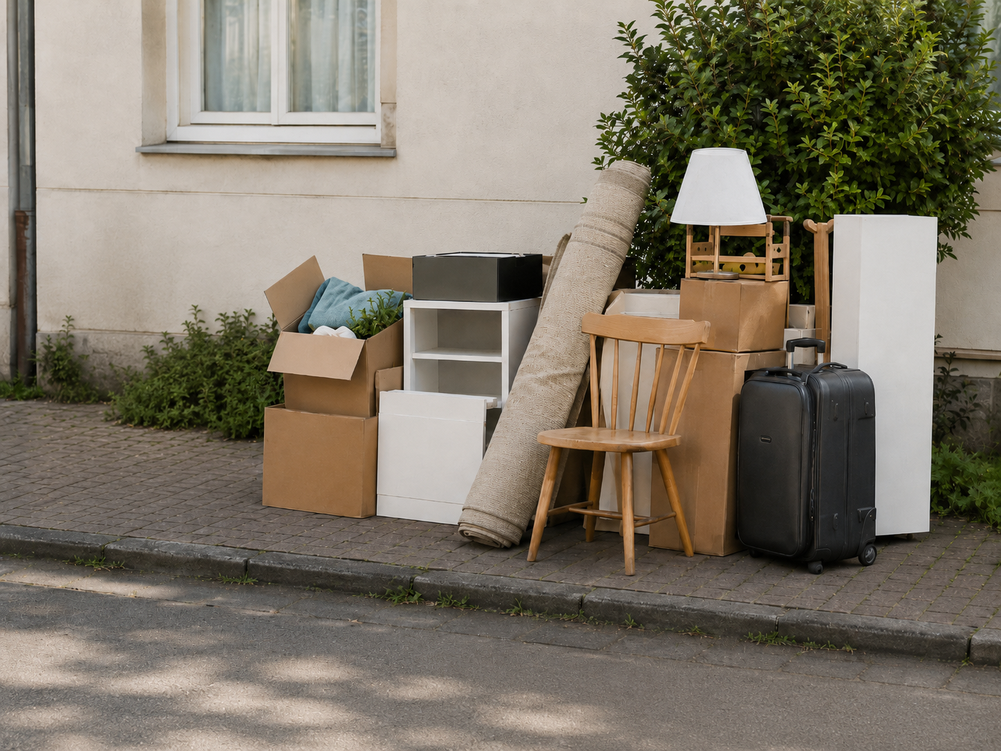 Entrümpelung: Möbel, Kartons und Haushaltsgegenstände auf dem Gehweg vor einem Haus
