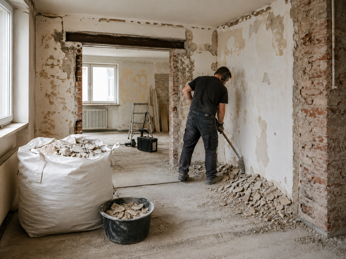 Entkernung einer Wohnung – Arbeiter entfernt Putz von der Wand während einer Renovierung