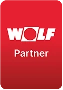 WOLF Partner Logo auf rotem Hintergrund