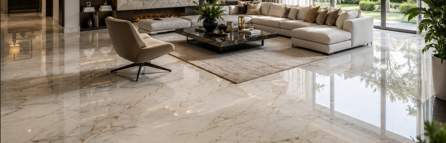 Glänzender Marmorboden nach dem Polieren in einem modernen Wohnzimmer mit eleganter Einrichtung