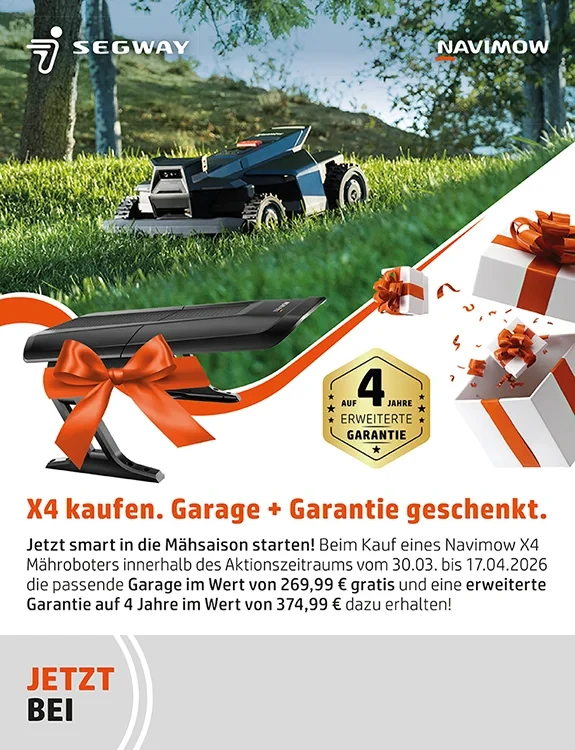 Navimow X4 Mähroboter mit gratis Garage und 4 Jahre erweiterter Garantie als Aktionsangebot