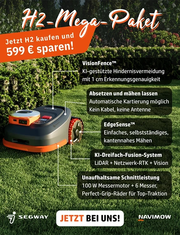 Segway Navimow Mähroboter mit KI-Technologie und VisionFence, beworben in einer Aktion mit 599 Euro Ersparnis