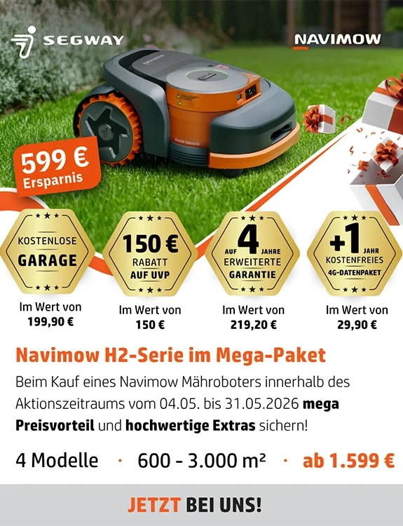 Segway Navimow H2-Serie Mähroboter im Mega-Paket mit Aktionsvorteilen wie kostenloser Garage, Rabatt, erweiterter Garantie und 4G-Datenpaket