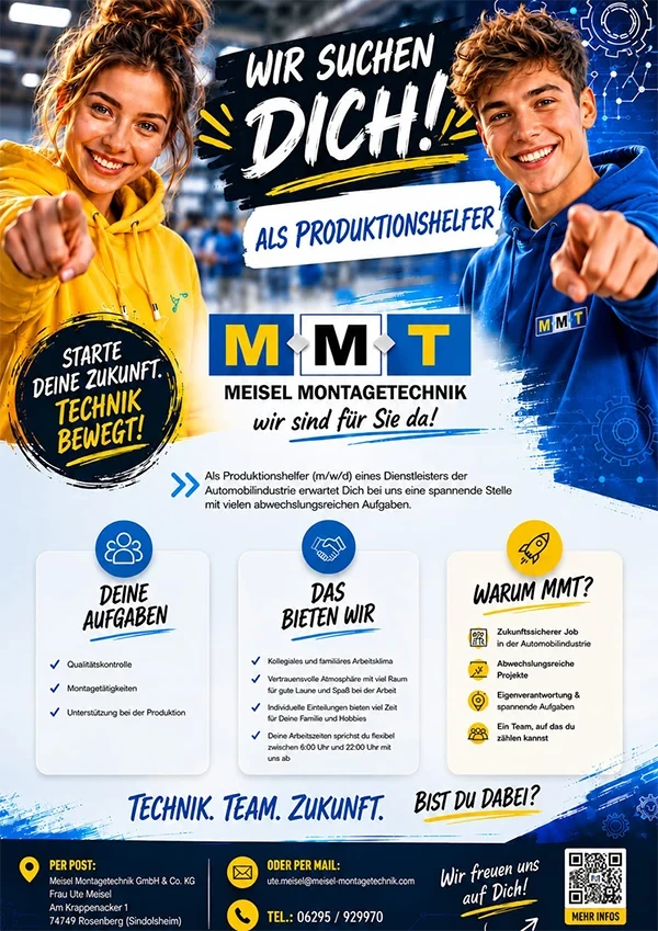 Produktionshelfer Karriere bei Meisel Montagetechnik – Job in der Automobilindustrie mit abwechslungsreichen Aufgaben und Vorteilen Stellenanzeige für Produktionshelfer Karriere bei Meisel Montagetechnik (MMT) in der Automobilindustrie mit Aufgaben und Vorteilen auf einen Blick.