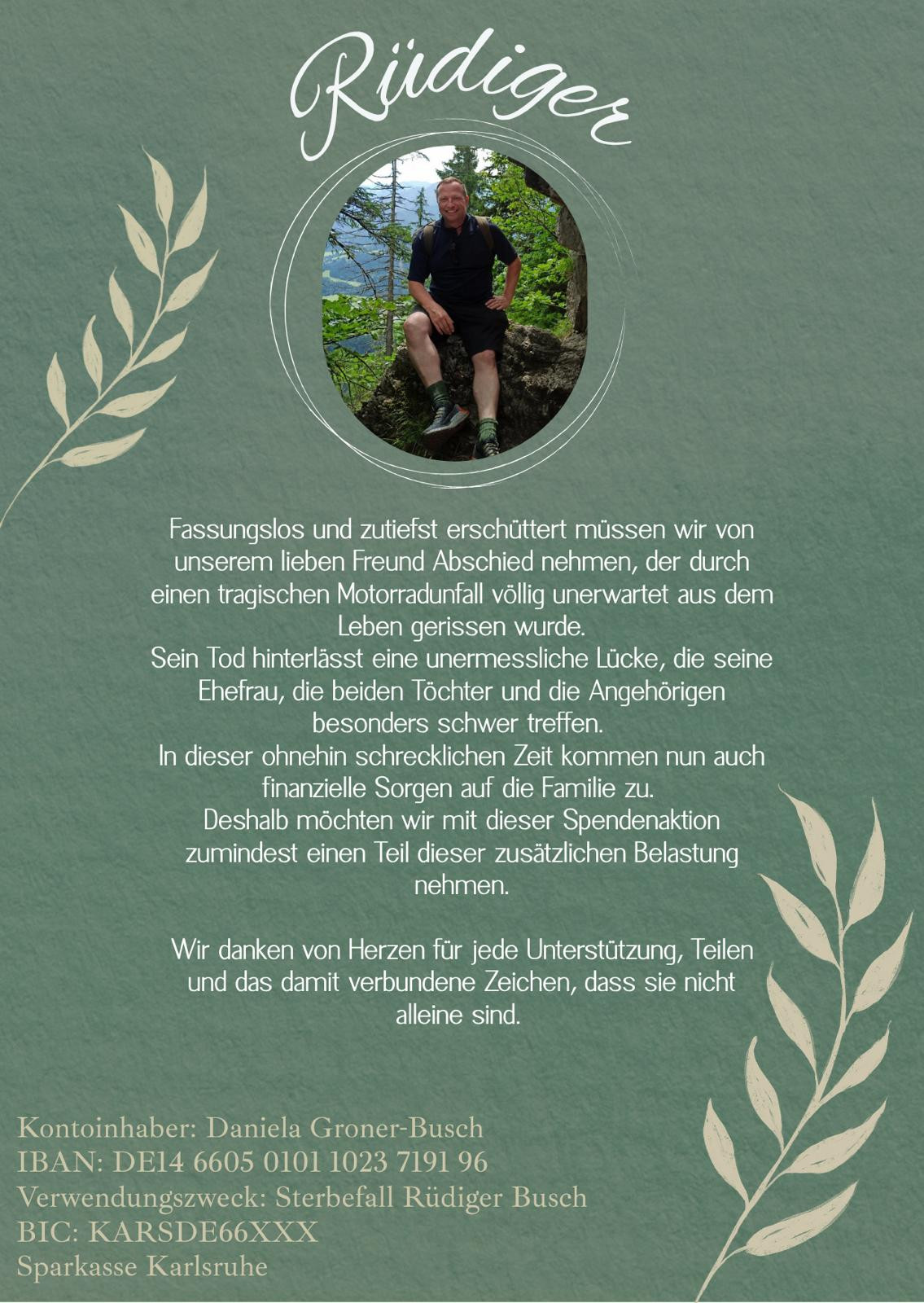Abschiedsbild für Rüdiger mit Gedenktext nach tragischem Motorradunfall