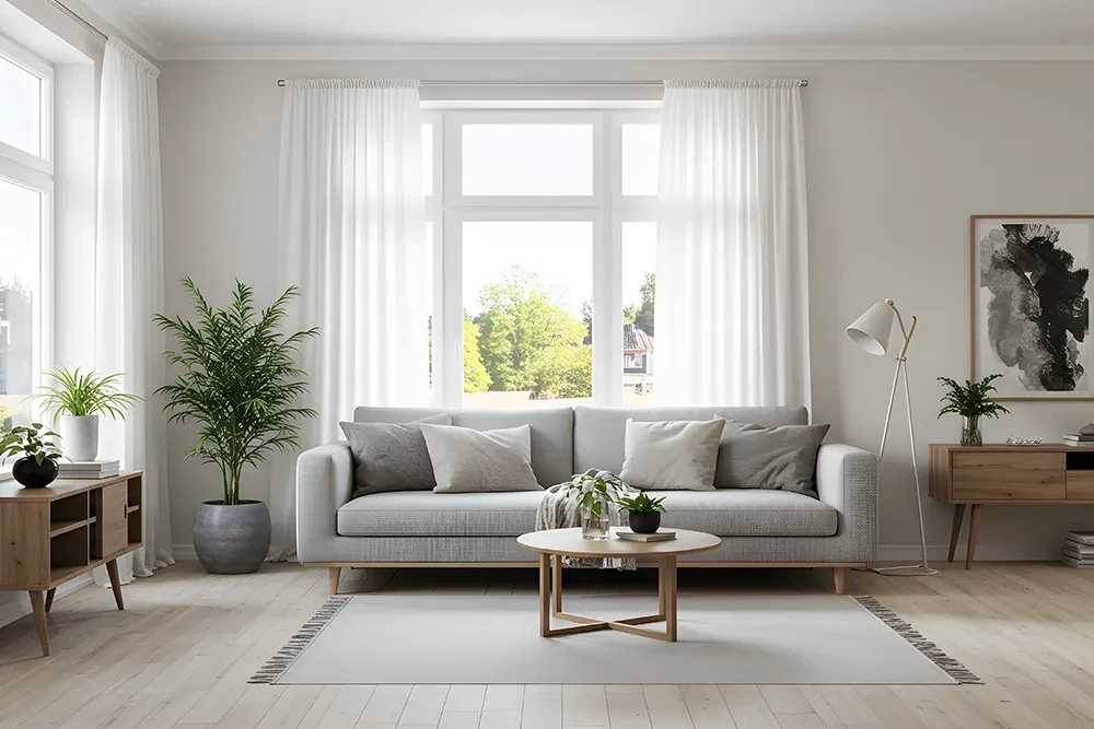 Modernes Wohnzimmer mit grauem Sofa, Couchtisch und großen Fenstern – contentbild-05