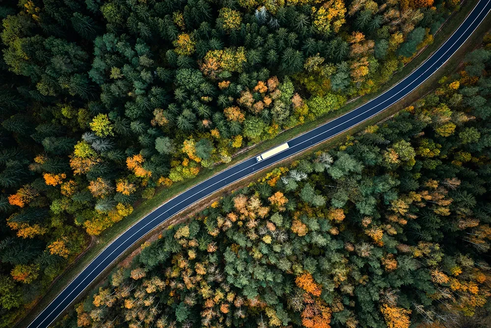 Luftaufnahme einer Straße durch herbstlichen Wald mit LKW