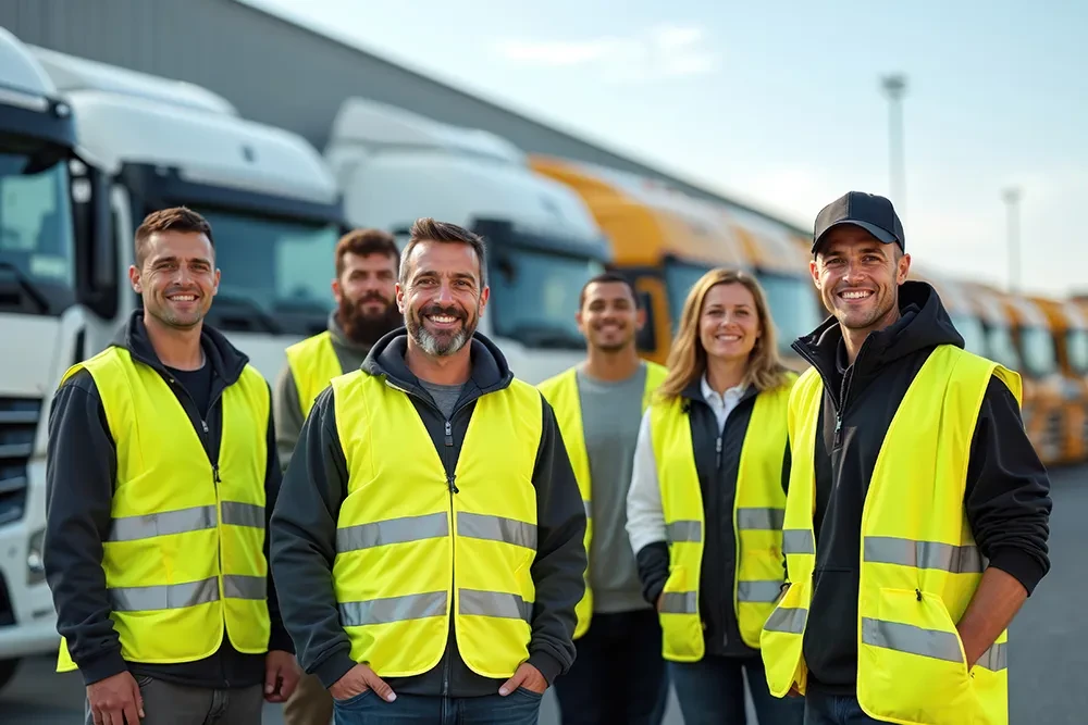 Gruppe von Logistikmitarbeitern in Warnwesten vor LKWs auf einem Firmengelände